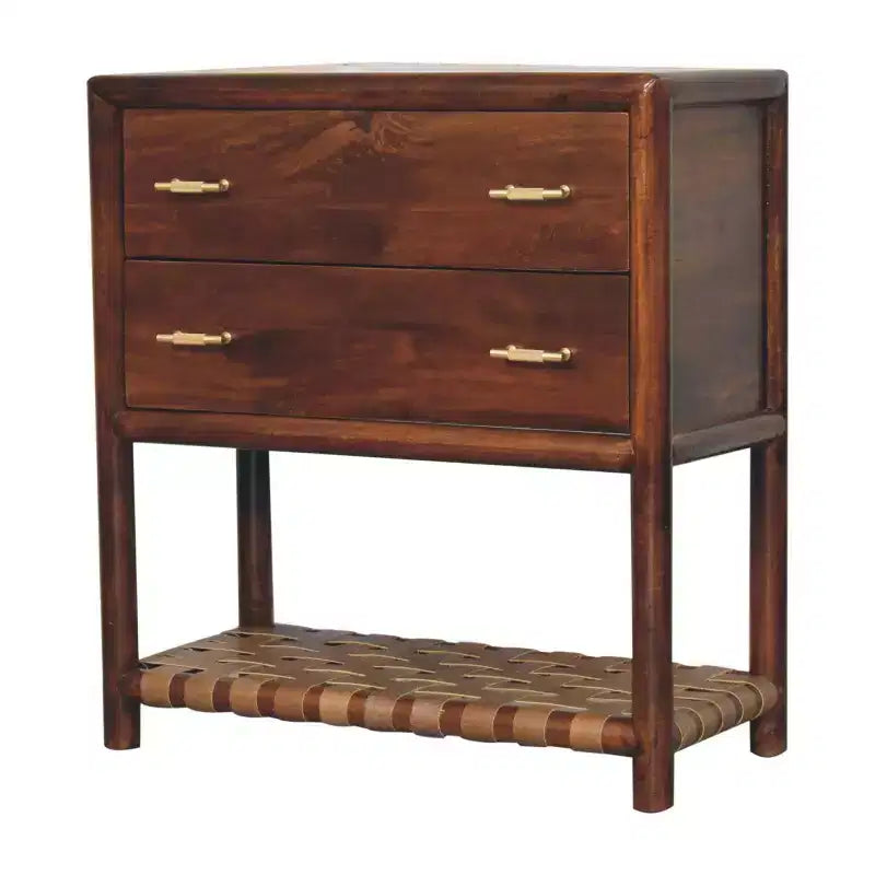 Table de chevet à deux tiroirs en bois massif marron 32 avec étagère en cuir
