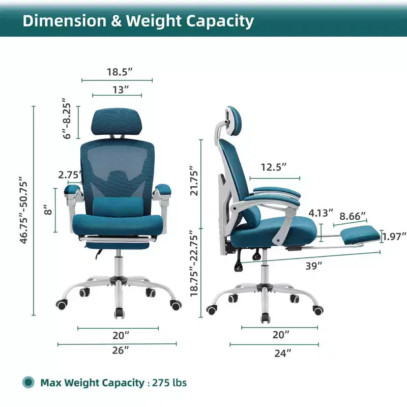 Chaise de bureau ergonomique avec repose-pieds rétractable, chaise d'ordinateur avec support lombaire et accoudoirs rembourrés, chaise pivotante pour le bureau