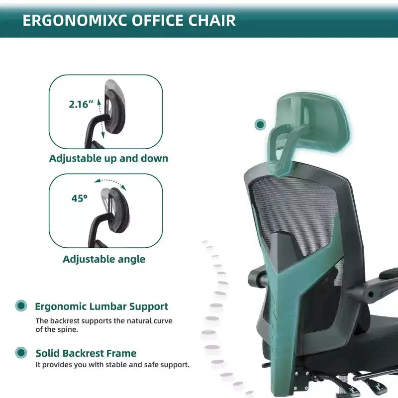 Chaise de bureau ergonomique avec repose-pieds rétractable, chaise d'ordinateur avec support lombaire et accoudoirs rembourrés, chaise pivotante pour le bureau