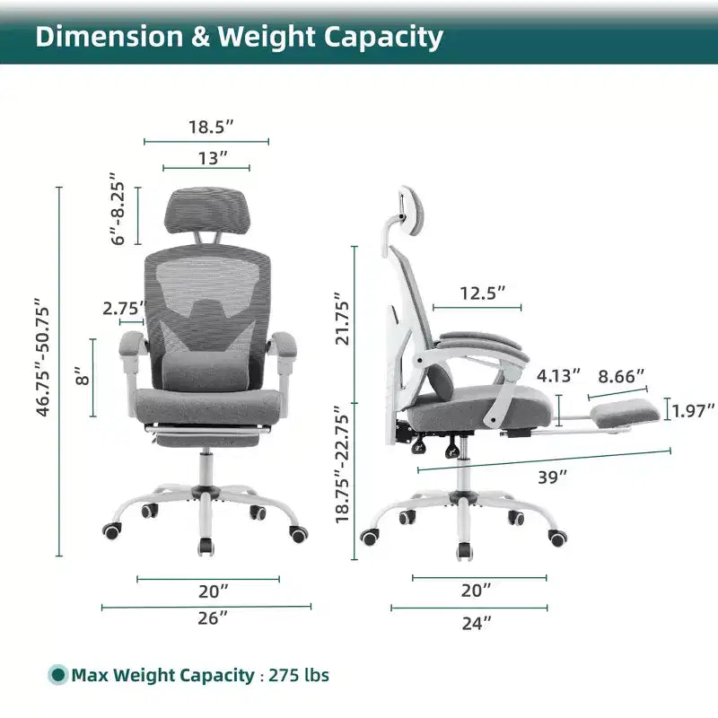Chaise de bureau ergonomique avec repose-pieds rétractable, chaise d'ordinateur avec support lombaire et accoudoirs rembourrés, chaise pivotante pour le bureau