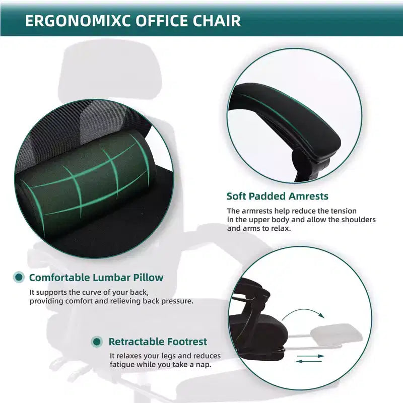 Chaise de bureau ergonomique avec repose-pieds rétractable, chaise d'ordinateur avec support lombaire et accoudoirs rembourrés, chaise pivotante pour le bureau