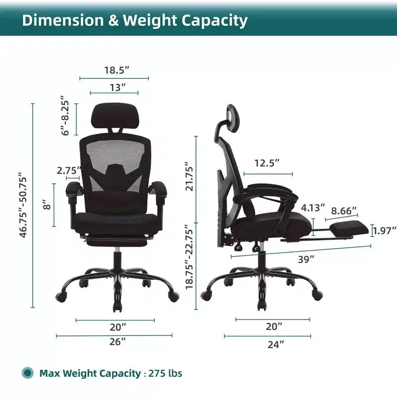 Chaise de bureau ergonomique avec repose-pieds rétractable, chaise d'ordinateur avec support lombaire et accoudoirs rembourrés, chaise pivotante pour le bureau