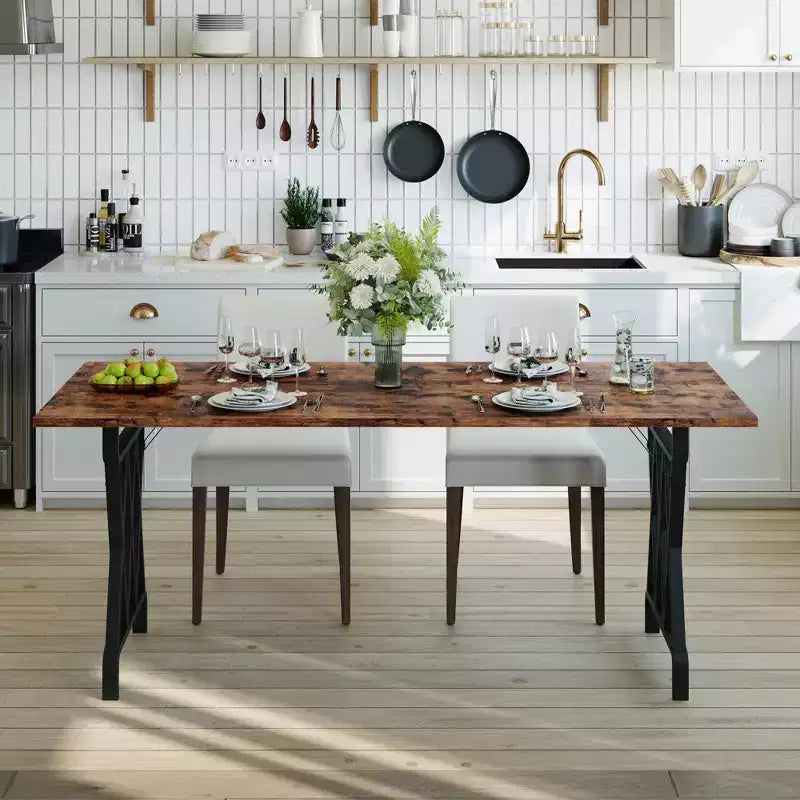 Table de salle à manger de ferme avec piètement en métal, plateau en bois rustique pour cuisine, salle à manger, restaurant, café