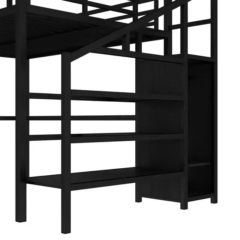 Lit mezzanine Queen avec bureau en L, armoire, port USB et LED, lit mezzanine en métal avec escalier de rangement et étagère réglable, noir
