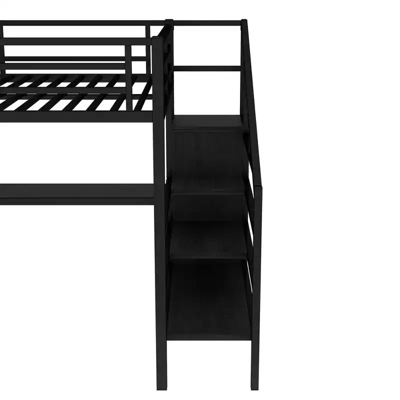 Lit mezzanine Queen avec bureau en L, armoire, port USB et LED, lit mezzanine en métal avec escalier de rangement et étagère réglable, noir