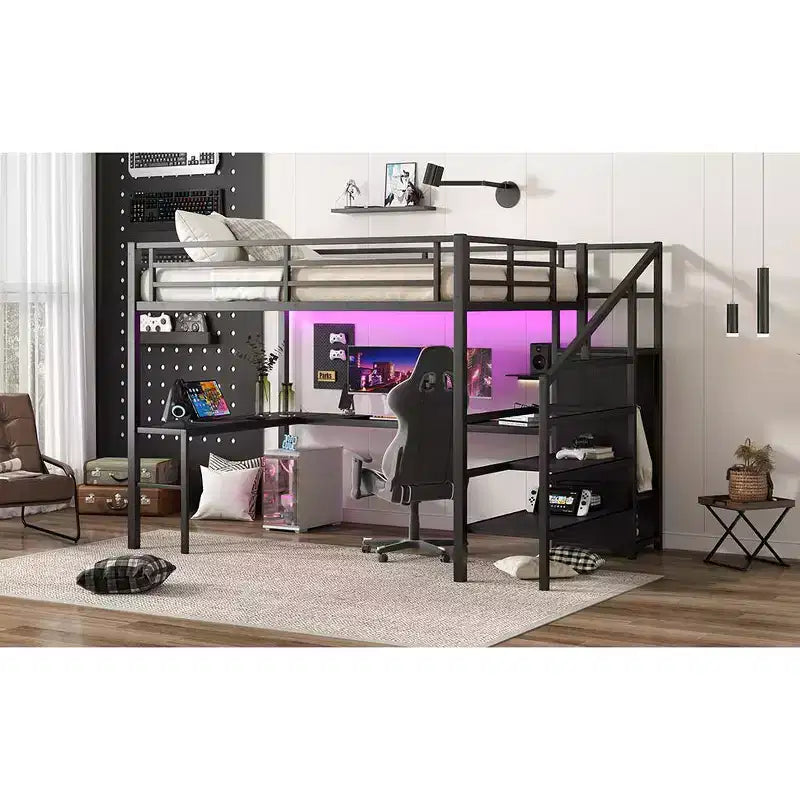 Lit mezzanine Queen avec bureau en L, armoire, port USB et LED, lit mezzanine en métal avec escalier de rangement et étagère réglable, noir