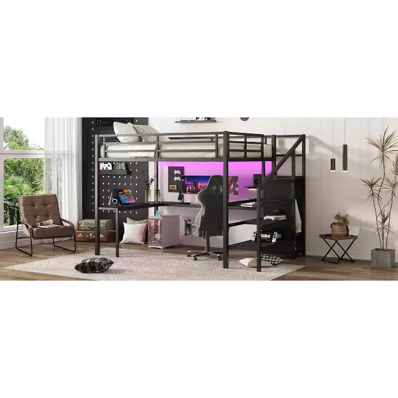Lit mezzanine Queen avec bureau en L, armoire, port USB et LED, lit mezzanine en métal avec escalier de rangement et étagère réglable, noir