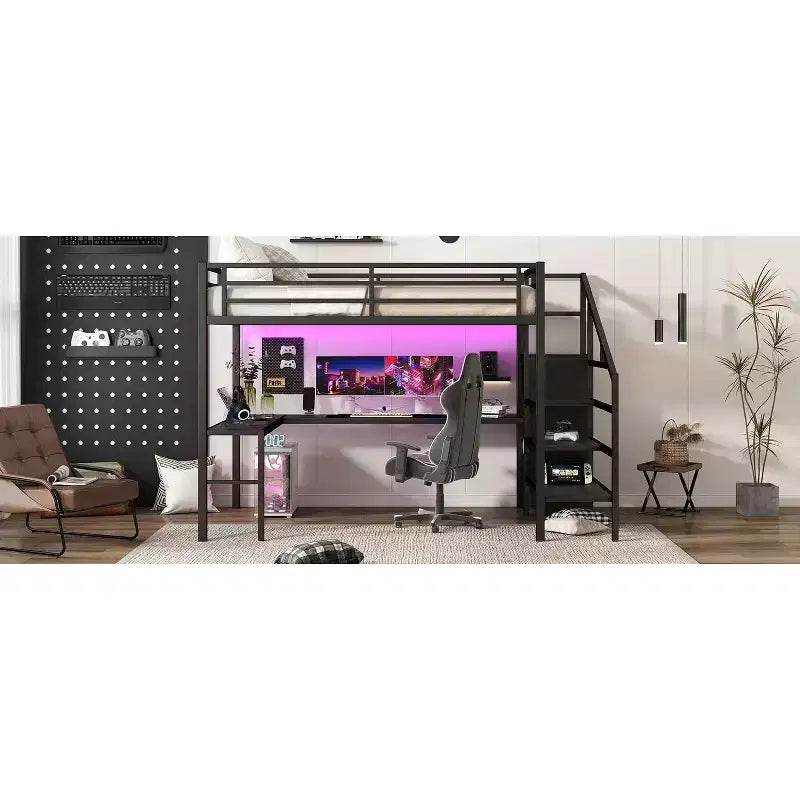 Lit mezzanine Queen avec bureau en L, armoire, port USB et LED, lit mezzanine en métal avec escalier de rangement et étagère réglable, noir