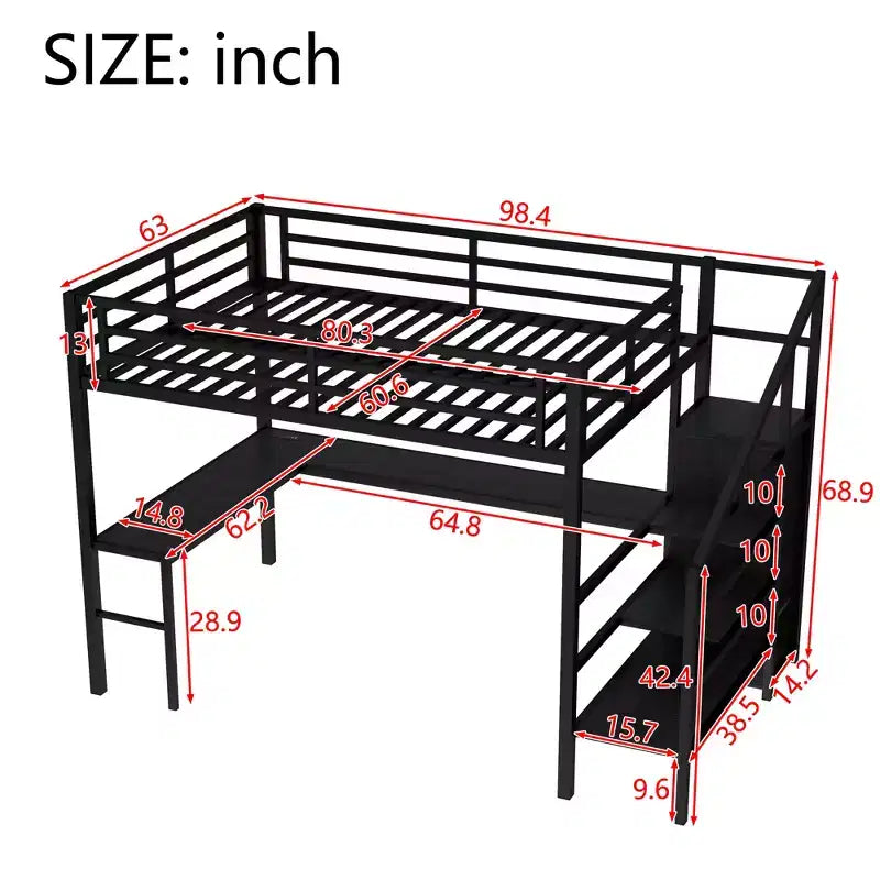 Lit mezzanine Queen avec bureau en L, armoire, port USB et LED, lit mezzanine en métal avec escalier de rangement et étagère réglable, noir