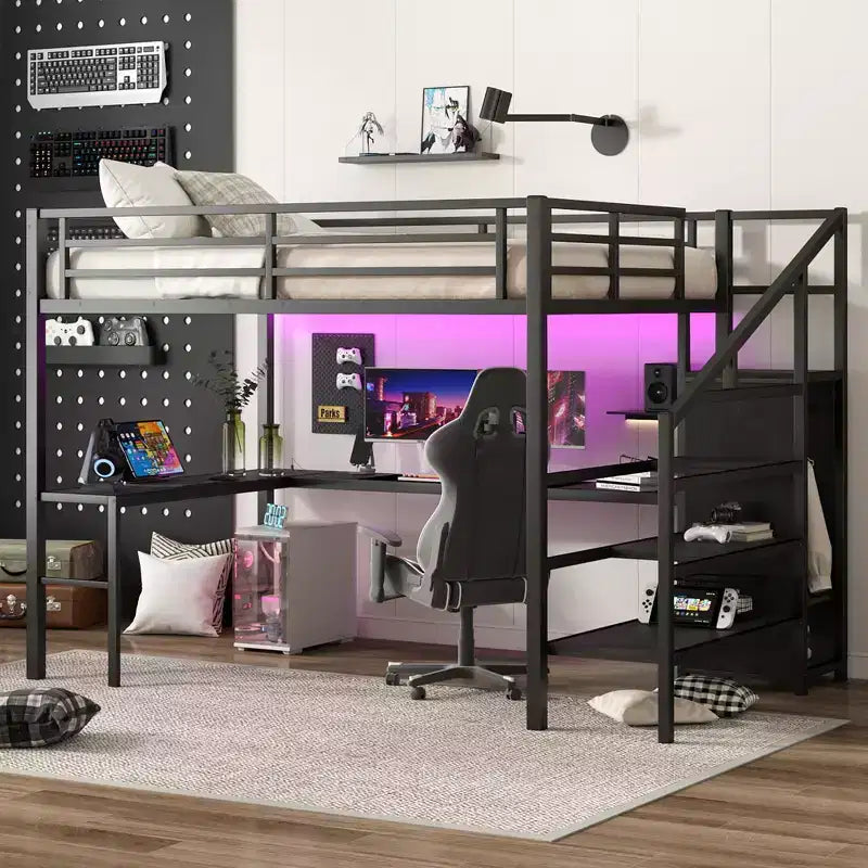 Lit mezzanine Queen avec bureau en L, armoire, port USB et LED, lit mezzanine en métal avec escalier de rangement et étagère réglable, noir