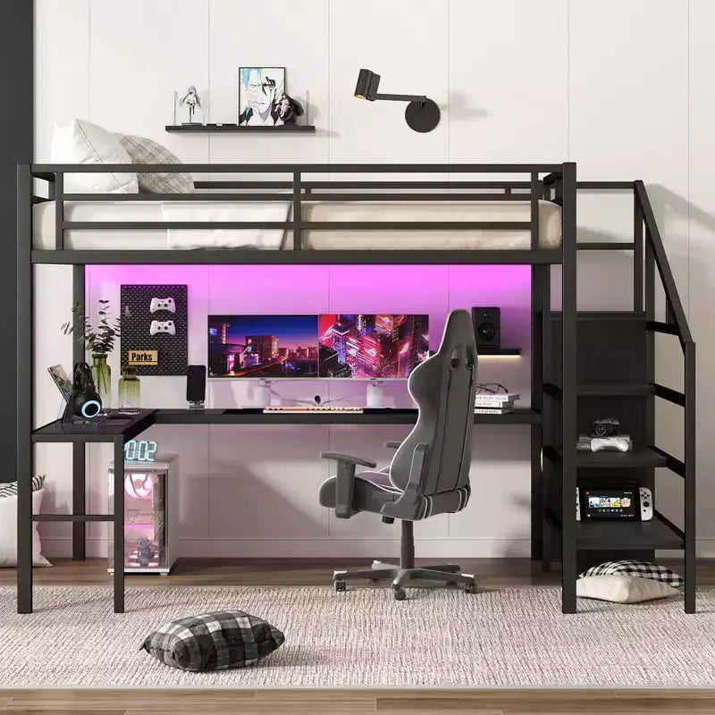 Lit mezzanine Queen avec bureau en L, armoire, port USB et LED, lit mezzanine en métal avec escalier de rangement et étagère réglable, noir