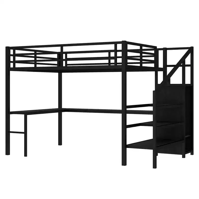 Lit mezzanine Queen avec bureau en L, armoire, port USB et LED, lit mezzanine en métal avec escalier de rangement et étagère réglable, noir