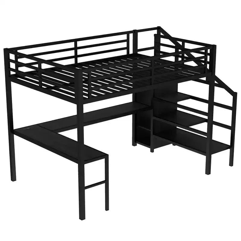 Lit mezzanine Queen avec bureau en L, armoire, port USB et LED, lit mezzanine en métal avec escalier de rangement et étagère réglable, noir