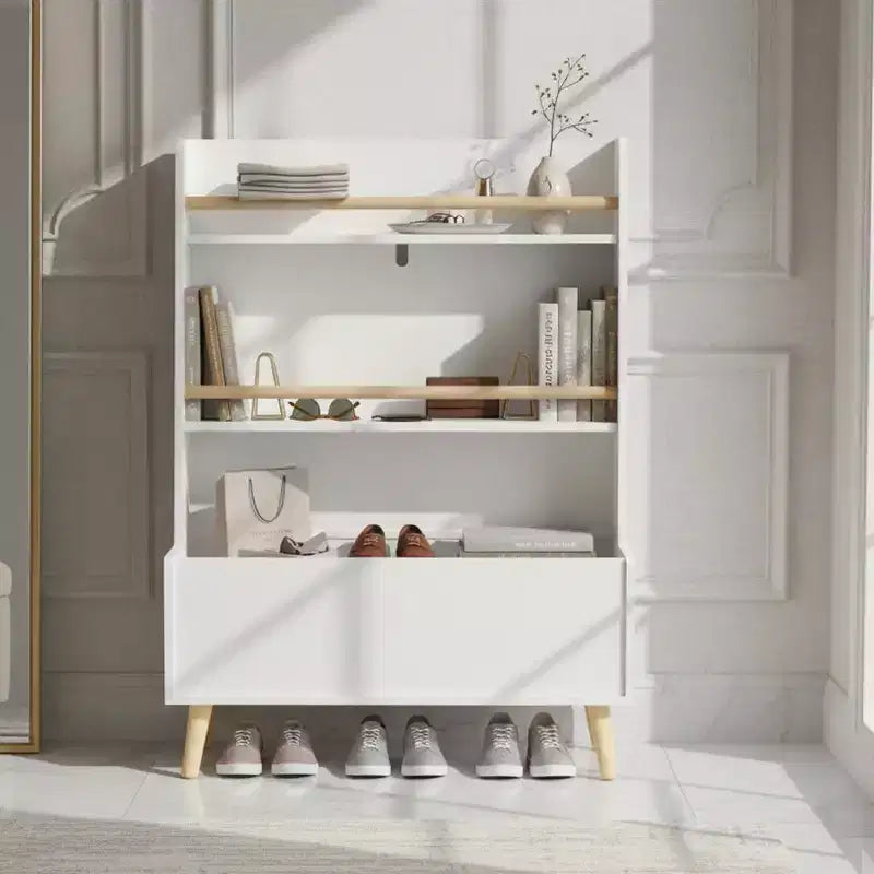 Étagère à Livres pour Enfants avec Étagères Ouvertes et Bac de Rangement, Bibliothèque Blanche avec Pieds en Bois pour Salle de Jeux ou Chambre à Coucher