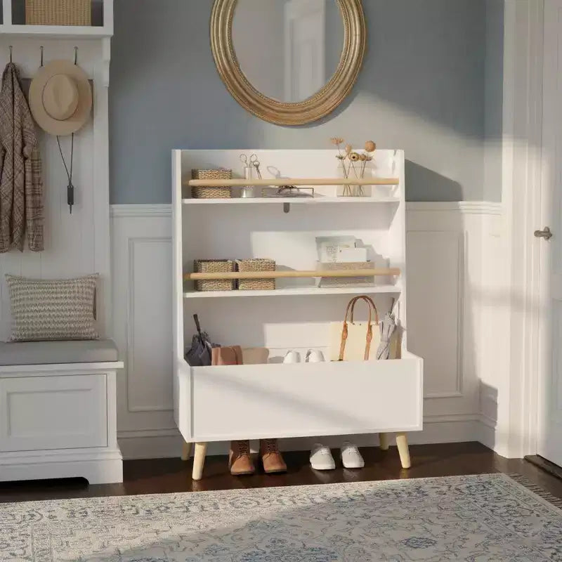 Étagère à Livres pour Enfants avec Étagères Ouvertes et Bac de Rangement, Bibliothèque Blanche avec Pieds en Bois pour Salle de Jeux ou Chambre à Coucher