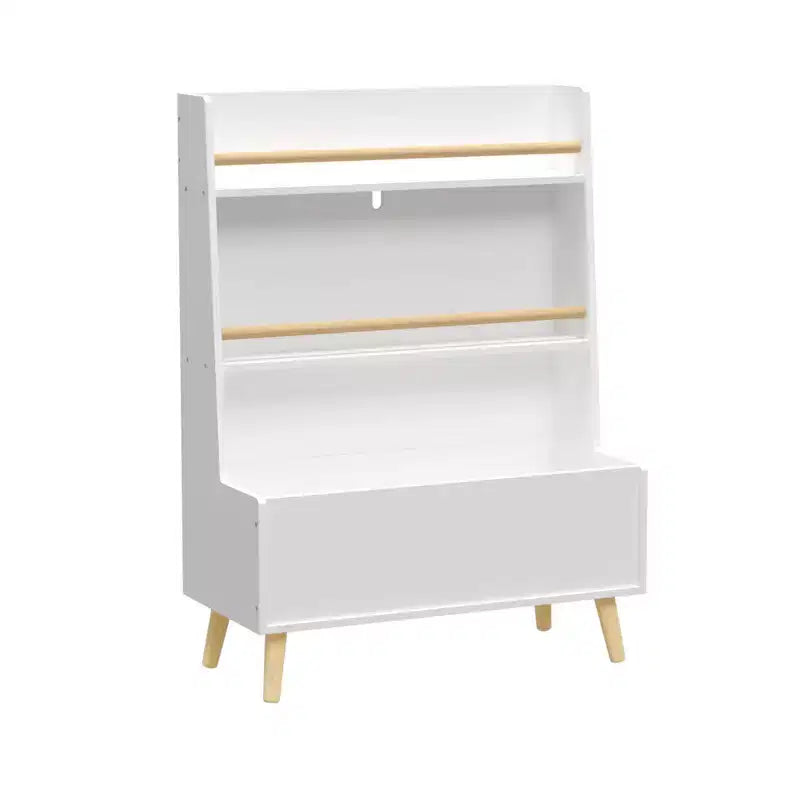 Étagère à Livres pour Enfants avec Étagères Ouvertes et Bac de Rangement, Bibliothèque Blanche avec Pieds en Bois pour Salle de Jeux ou Chambre à Coucher