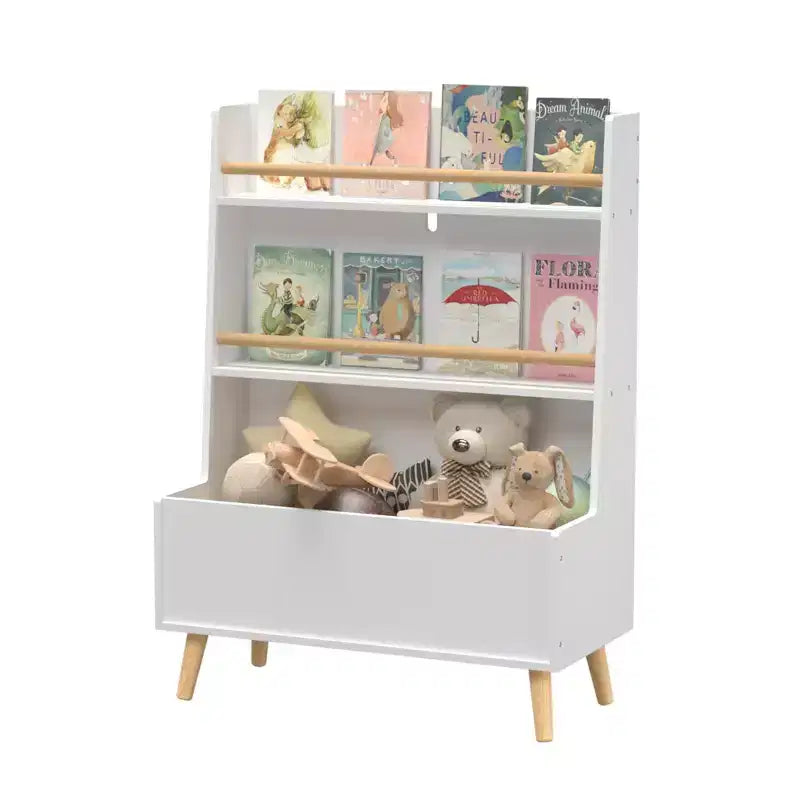 Étagère à Livres pour Enfants avec Étagères Ouvertes et Bac de Rangement, Bibliothèque Blanche avec Pieds en Bois pour Salle de Jeux ou Chambre à Coucher