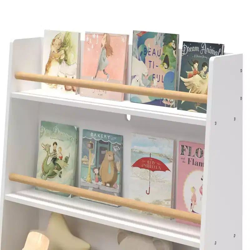 Étagère à Livres pour Enfants avec Étagères Ouvertes et Bac de Rangement, Bibliothèque Blanche avec Pieds en Bois pour Salle de Jeux ou Chambre à Coucher