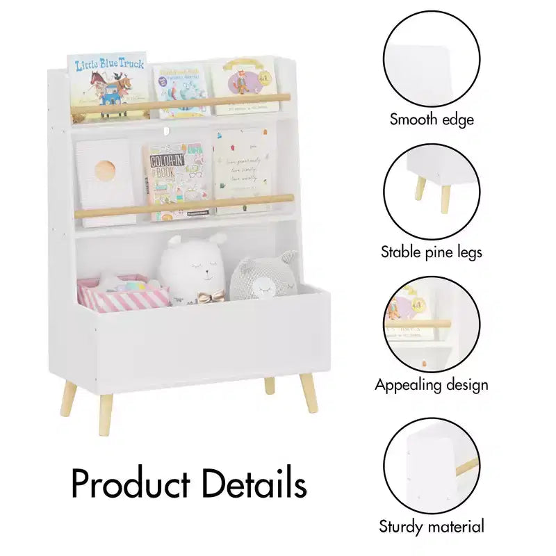 Étagère à Livres pour Enfants avec Étagères Ouvertes et Bac de Rangement, Bibliothèque Blanche avec Pieds en Bois pour Salle de Jeux ou Chambre à Coucher