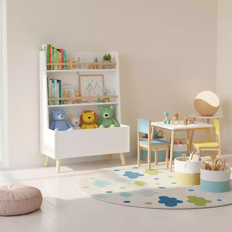 Étagère à Livres pour Enfants avec Étagères Ouvertes et Bac de Rangement, Bibliothèque Blanche avec Pieds en Bois pour Salle de Jeux ou Chambre à Coucher