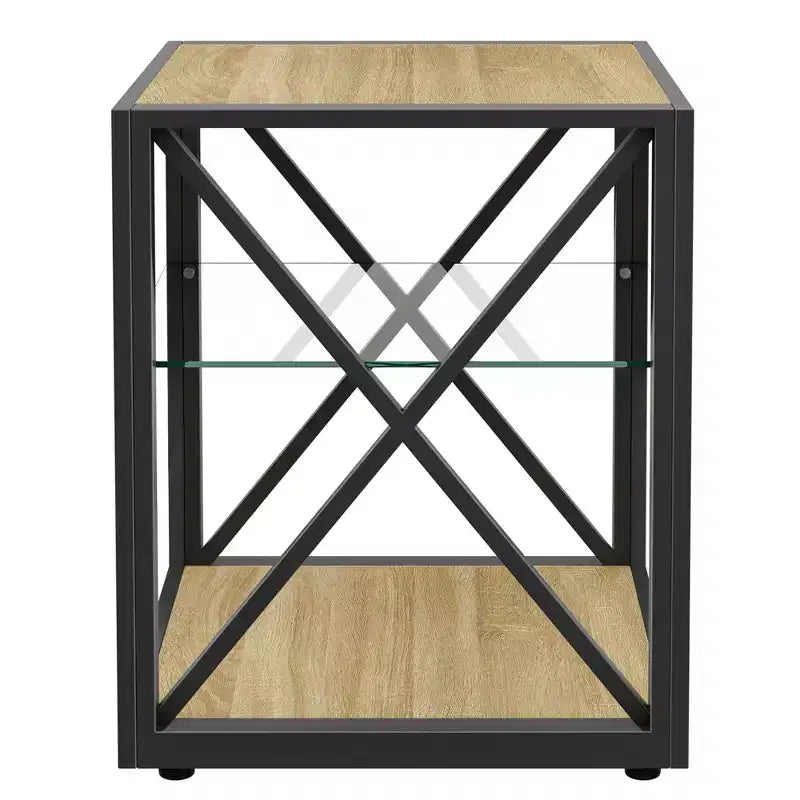 Table d'appoint moderne avec structure en métal, table d'appoint industrielle avec étagère en verre trempé, table de canapé pour salon, chambre à coucher