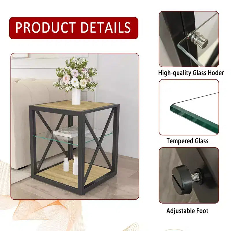 Table d'appoint moderne avec structure en métal, table d'appoint industrielle avec étagère en verre trempé, table de canapé pour salon, chambre à coucher