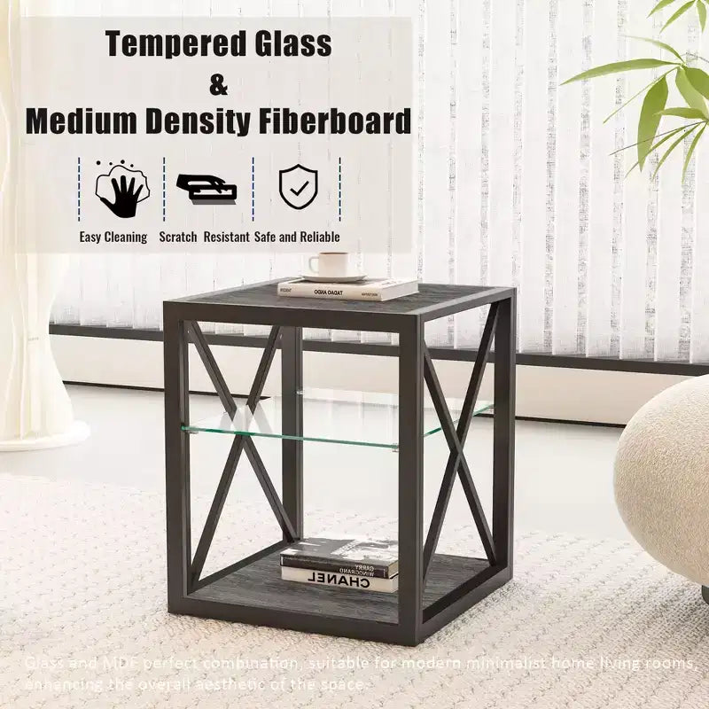 Table d'appoint moderne avec structure en métal, table d'appoint industrielle avec étagère en verre trempé, table de canapé pour salon, chambre à coucher