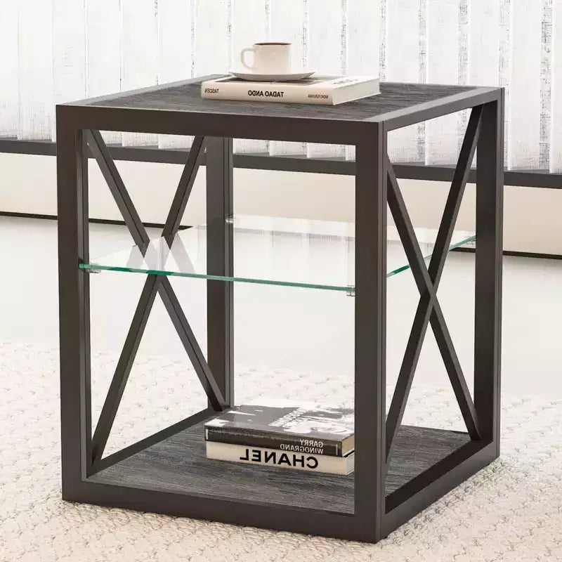 Table d'appoint moderne avec structure en métal, table d'appoint industrielle avec étagère en verre trempé, table de canapé pour salon, chambre à coucher