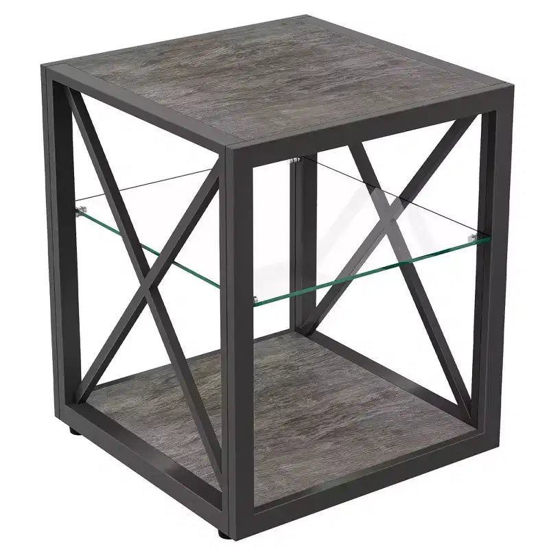 Table d'appoint moderne avec structure en métal, table d'appoint industrielle avec étagère en verre trempé, table de canapé pour salon, chambre à coucher