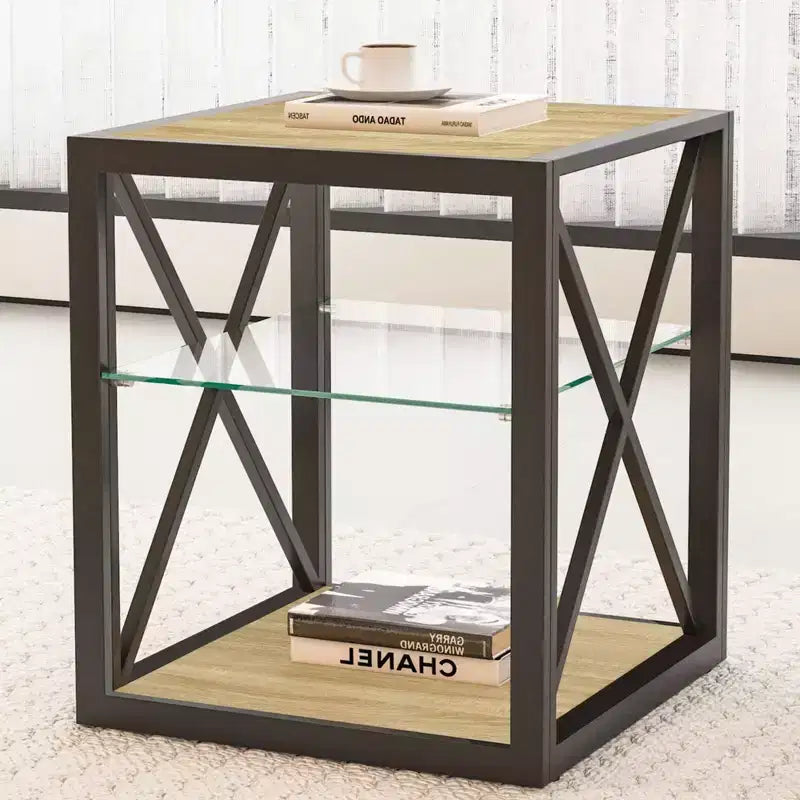 Table d'appoint moderne avec structure en métal, table d'appoint industrielle avec étagère en verre trempé, table de canapé pour salon, chambre à coucher
