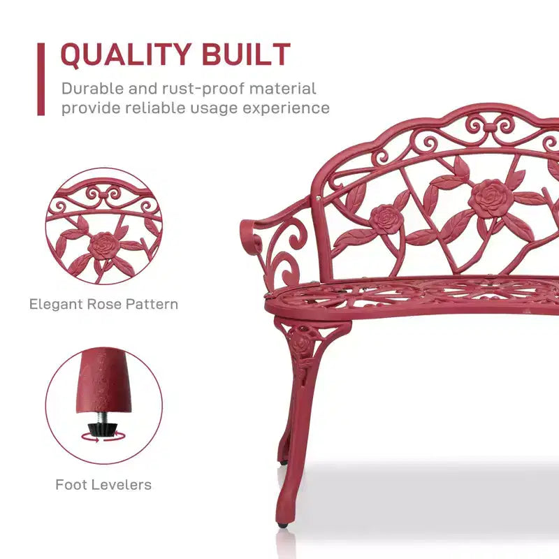 Karl Home | Banc de jardin en aluminium rouge de 98 cm avec dossier floral