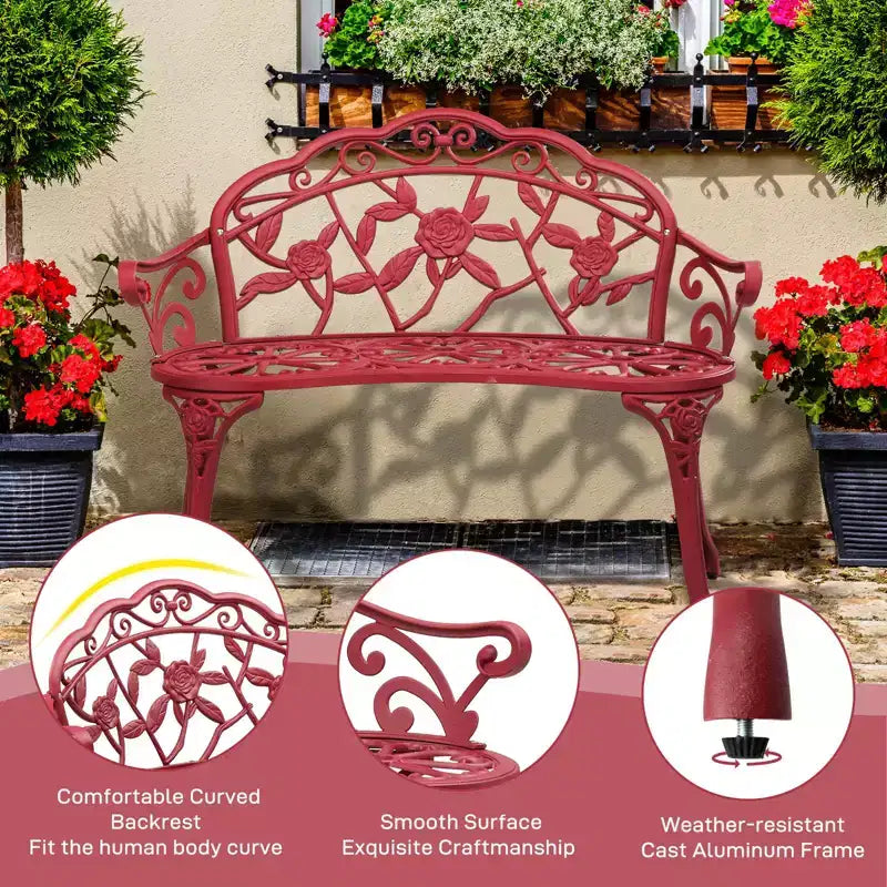 Karl Home | Banc de jardin en aluminium rouge de 98 cm avec dossier floral