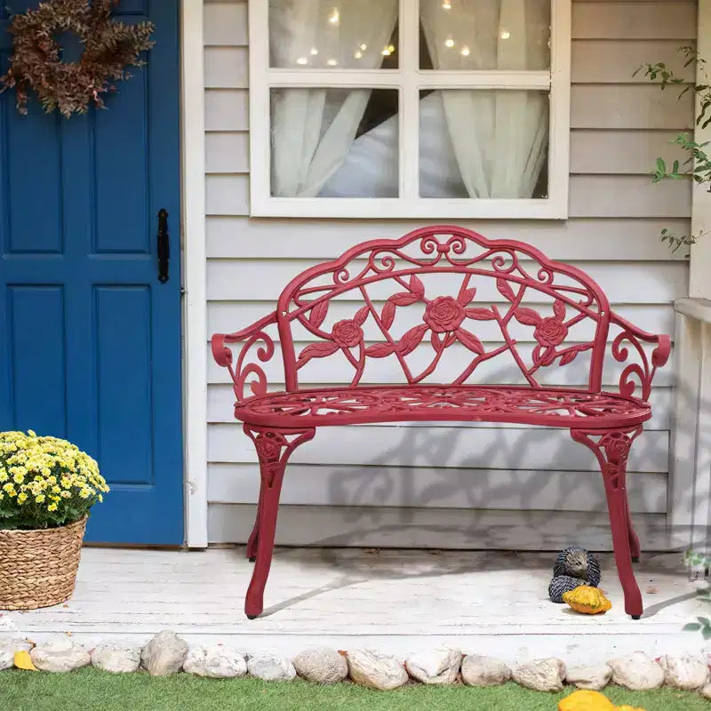 Karl Home | Banc de jardin en aluminium rouge de 98 cm avec dossier floral