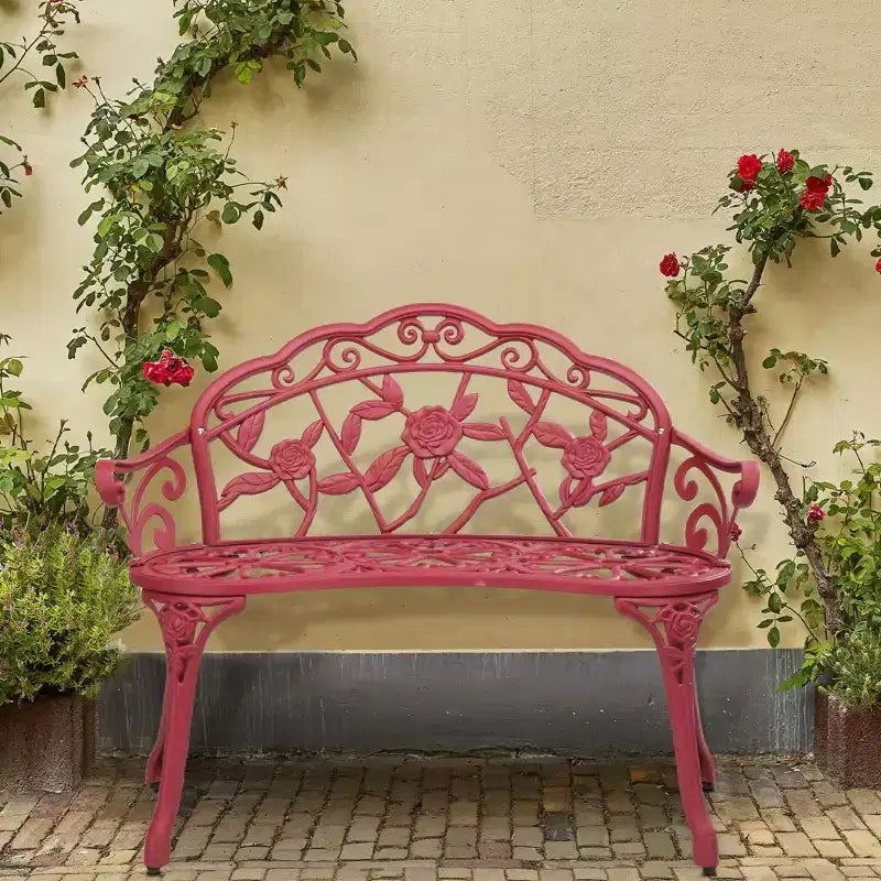 Karl Home | Banc de jardin en aluminium rouge de 98 cm avec dossier floral