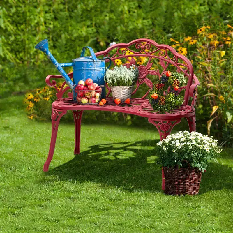 Karl Home | Banc de jardin en aluminium rouge de 98 cm avec dossier floral