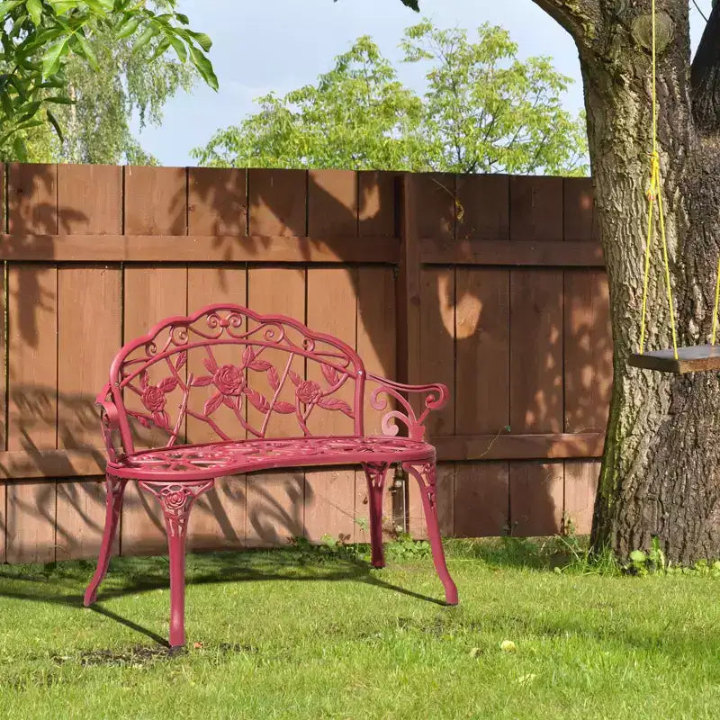 Karl Home | Banc de jardin en aluminium rouge de 98 cm avec dossier floral