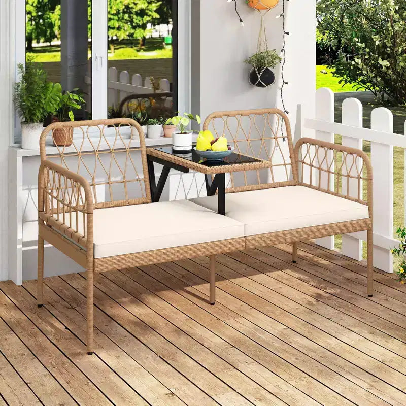 Costway PE Rattan Outdoor Loveseat with Built-in Coffee Table & Soft Cushions for Lawn
