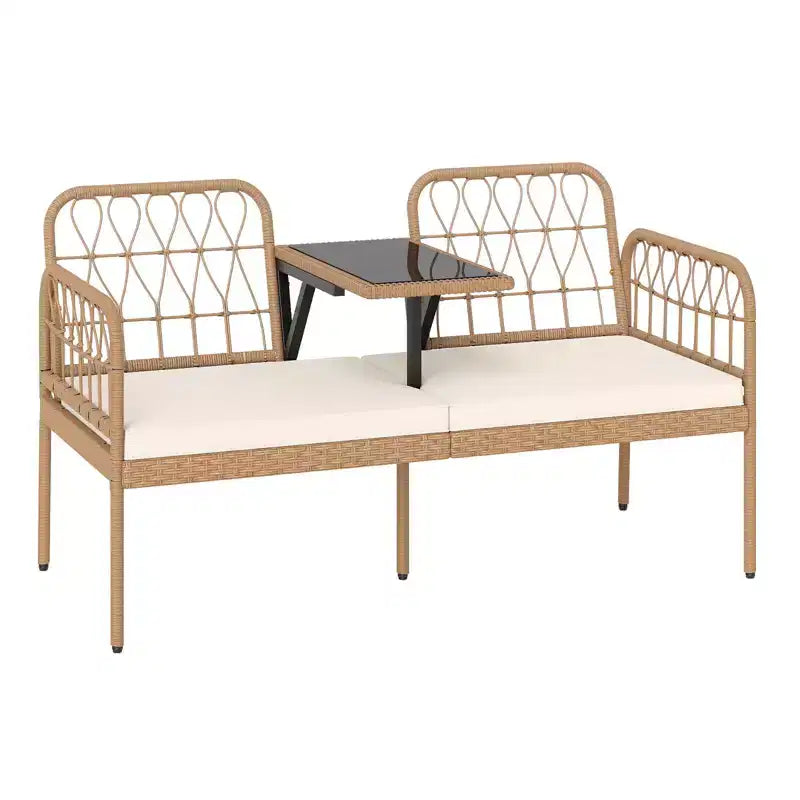 Banc à deux places d'extérieur en rotin PE Costway avec table basse intégrée et coussins moelleux pour pelouse
