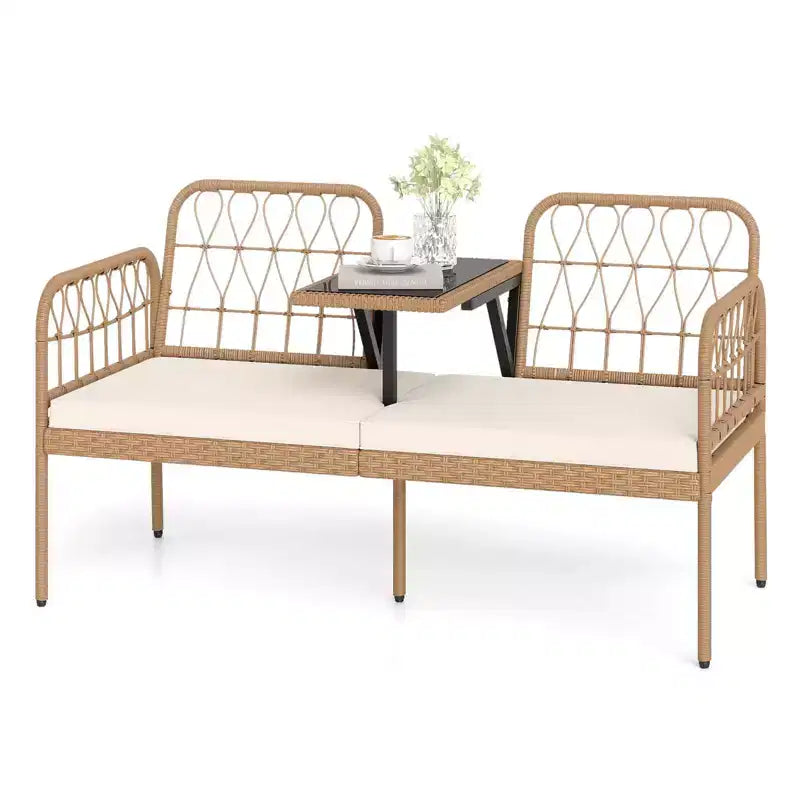 Banc à deux places d'extérieur en rotin PE Costway avec table basse intégrée et coussins moelleux pour pelouse