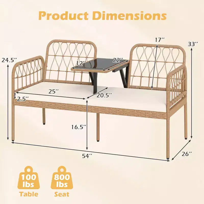 Banc à deux places d'extérieur en rotin PE Costway avec table basse intégrée et coussins moelleux pour pelouse