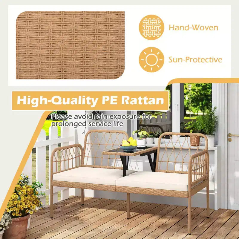 Banc à deux places d'extérieur en rotin PE Costway avec table basse intégrée et coussins moelleux pour pelouse
