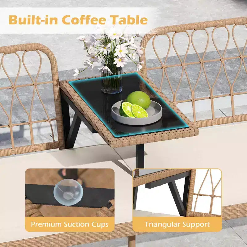 Banc à deux places d'extérieur en rotin PE Costway avec table basse intégrée et coussins moelleux pour pelouse