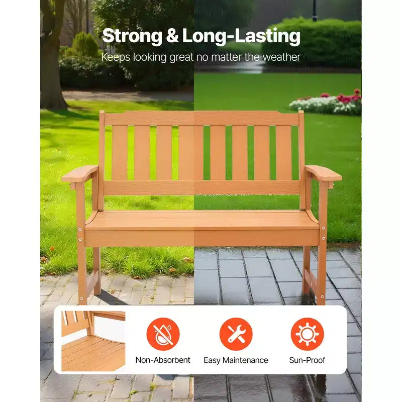 Banc extérieur VEVOR, 128 cm, capacité de charge de 362 kg pour 2-3 personnes, cadre en plastique résistant aux intempéries avec dossier et accoudoirs larges, couleur bois naturel