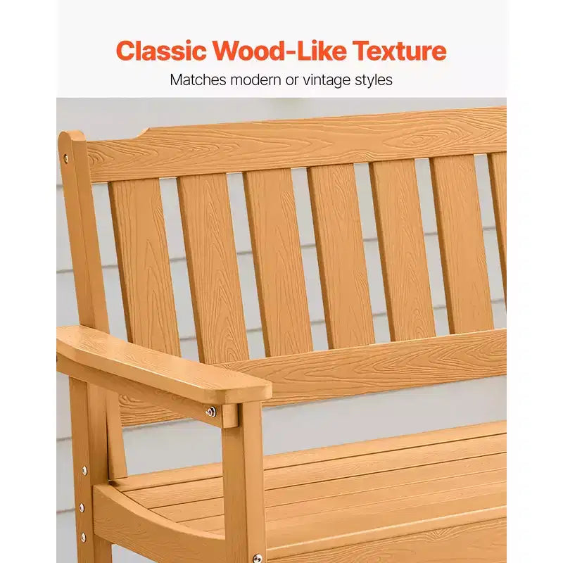 Banc extérieur VEVOR, 128 cm, capacité de charge de 362 kg pour 2-3 personnes, cadre en plastique résistant aux intempéries avec dossier et accoudoirs larges, couleur bois naturel