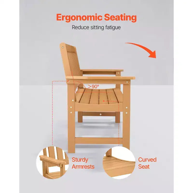 Banc extérieur VEVOR, 128 cm, capacité de charge de 362 kg pour 2-3 personnes, cadre en plastique résistant aux intempéries avec dossier et accoudoirs larges, couleur bois naturel