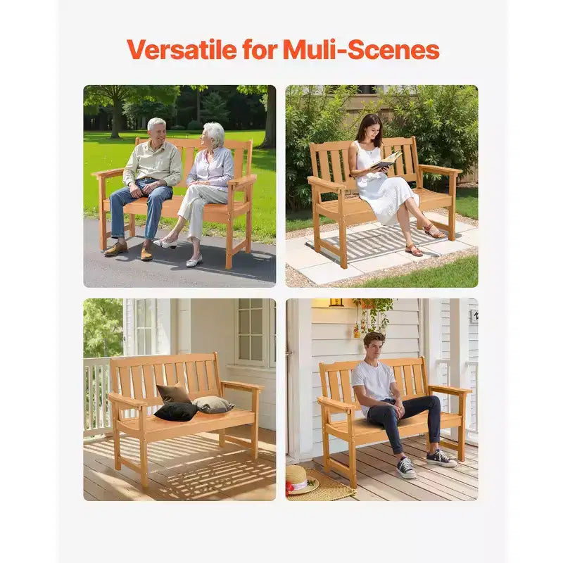 Banc extérieur VEVOR, 128 cm, capacité de charge de 362 kg pour 2-3 personnes, cadre en plastique résistant aux intempéries avec dossier et accoudoirs larges, couleur bois naturel