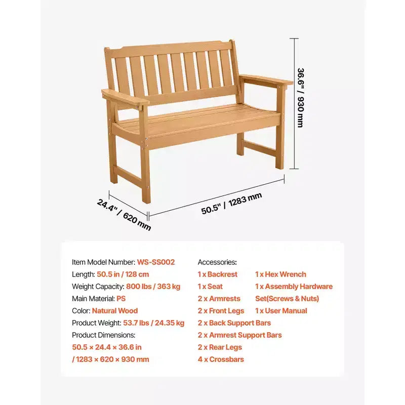 Banc extérieur VEVOR, 128 cm, capacité de charge de 362 kg pour 2-3 personnes, cadre en plastique résistant aux intempéries avec dossier et accoudoirs larges, couleur bois naturel