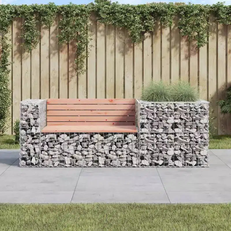 Garden Bench With Gabion Basket Natural brown wood and grey steel