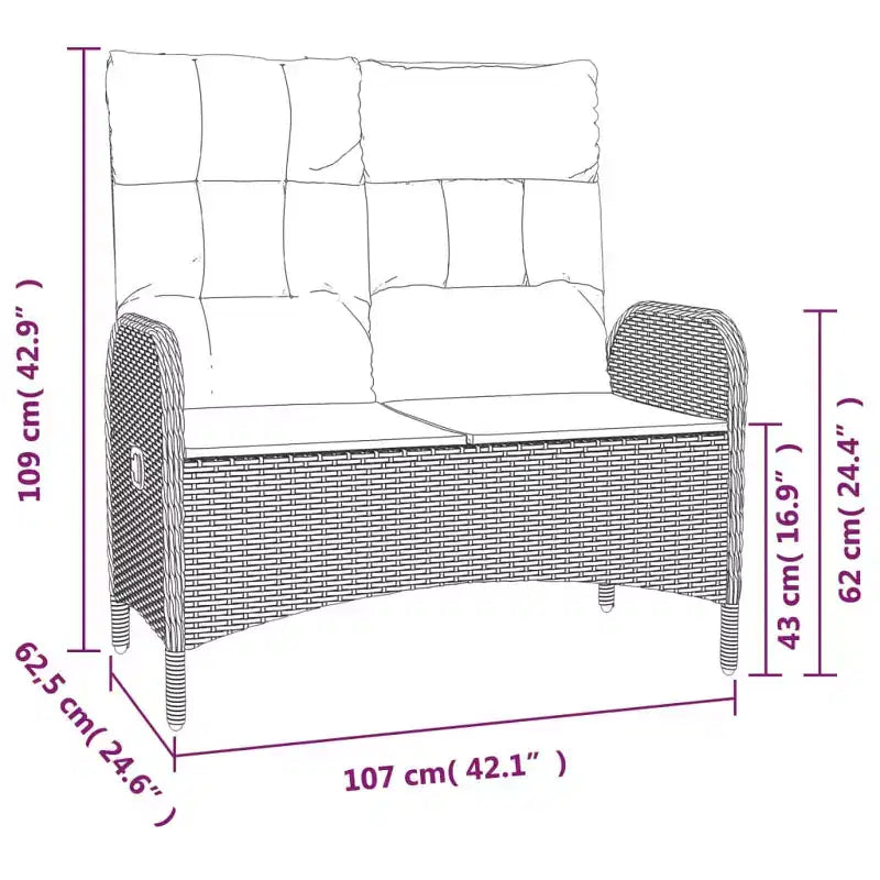 Banc de jardin inclinable en rotin synthétique gris de 107 cm de large