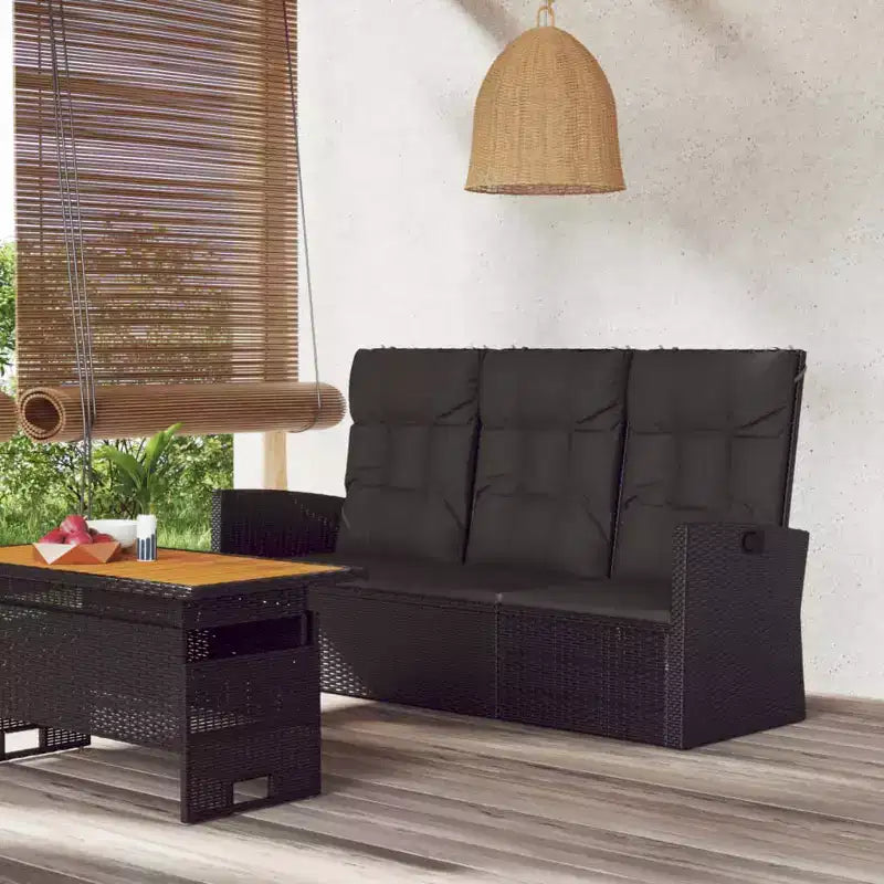 Garden Bench Black Poly rattan 3 Seater Adjustable Armrests